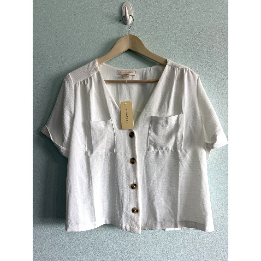 Monteau Los Angeles Size XL Solid Cream Short‎ Sleeve Button Up crop blouse NWT